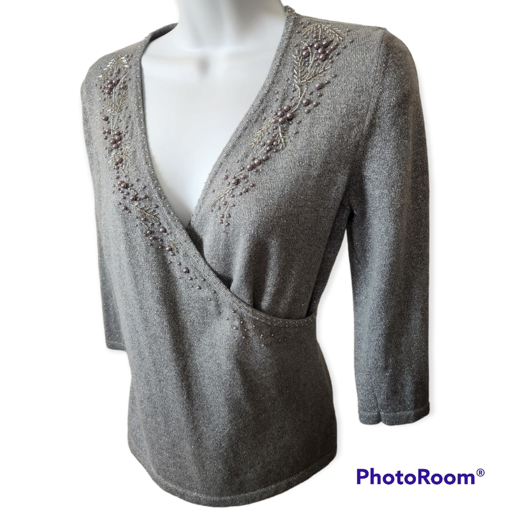 Ann Taylor Super Soft Beaded Gray Holiday Sweater size SP